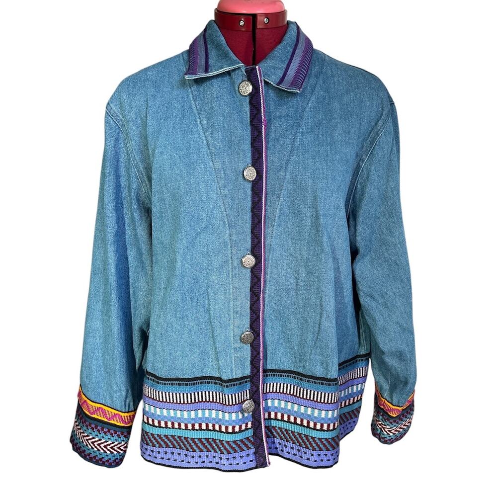 Vintage Coldwater Creek Womens Large 100% Cotton Denim Navajo Embroidered Jacket